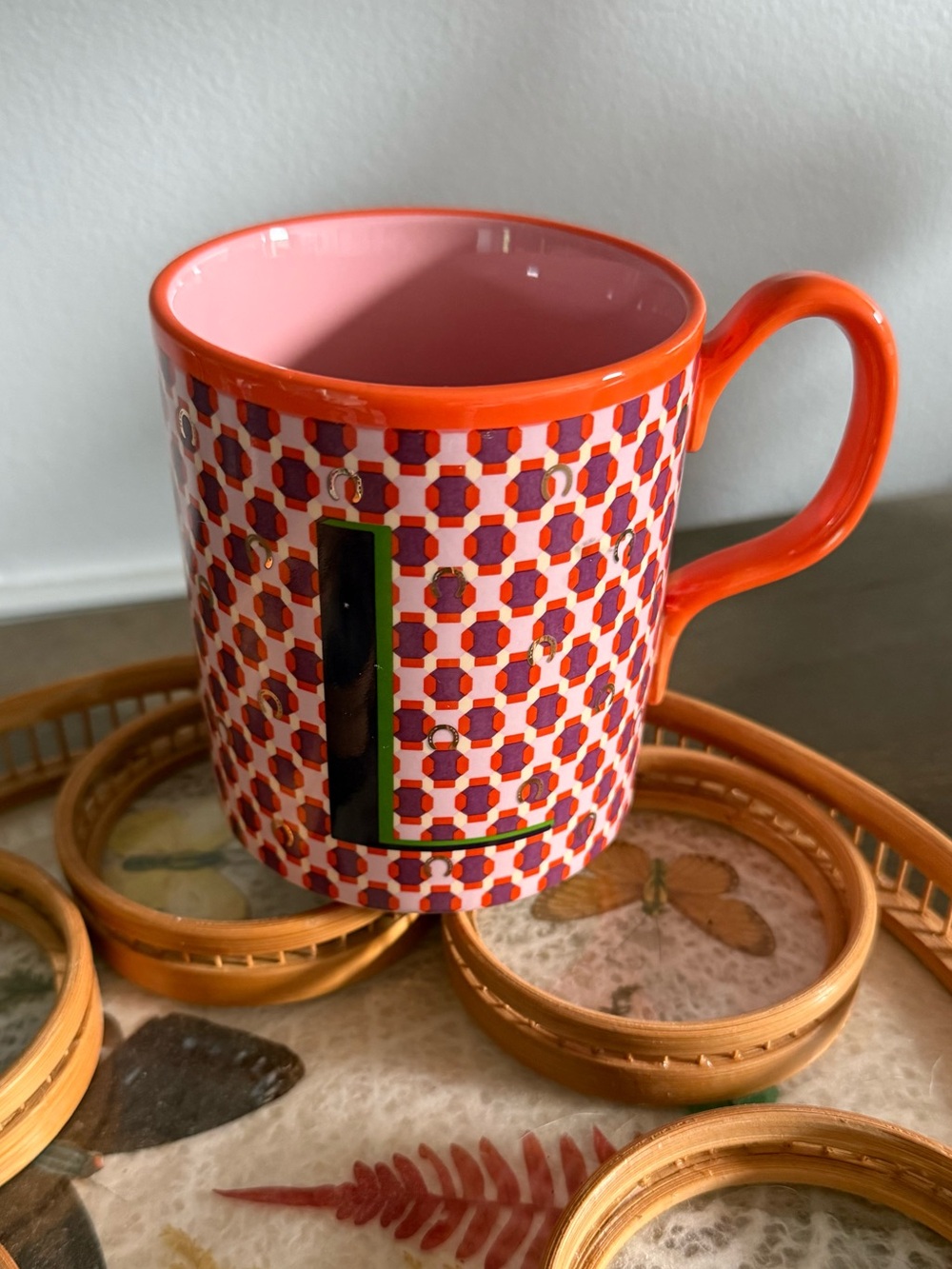 Anthropologie Orange & Pink Patterned Ceramic Mug